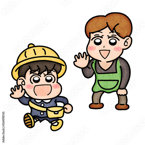 園児にお見送りをしている保育士