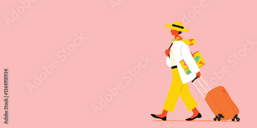 A vibrant illustration of a traveler ready to explore the world, pulling a suitcase on a backdrop, embodying the essence of adventure and wanderlust.