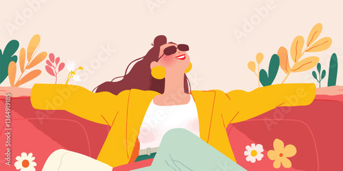A stylish woman, basking in the sun, embraces carefree joy in a colorful illustration. The scene, radiating optimism and happiness. 