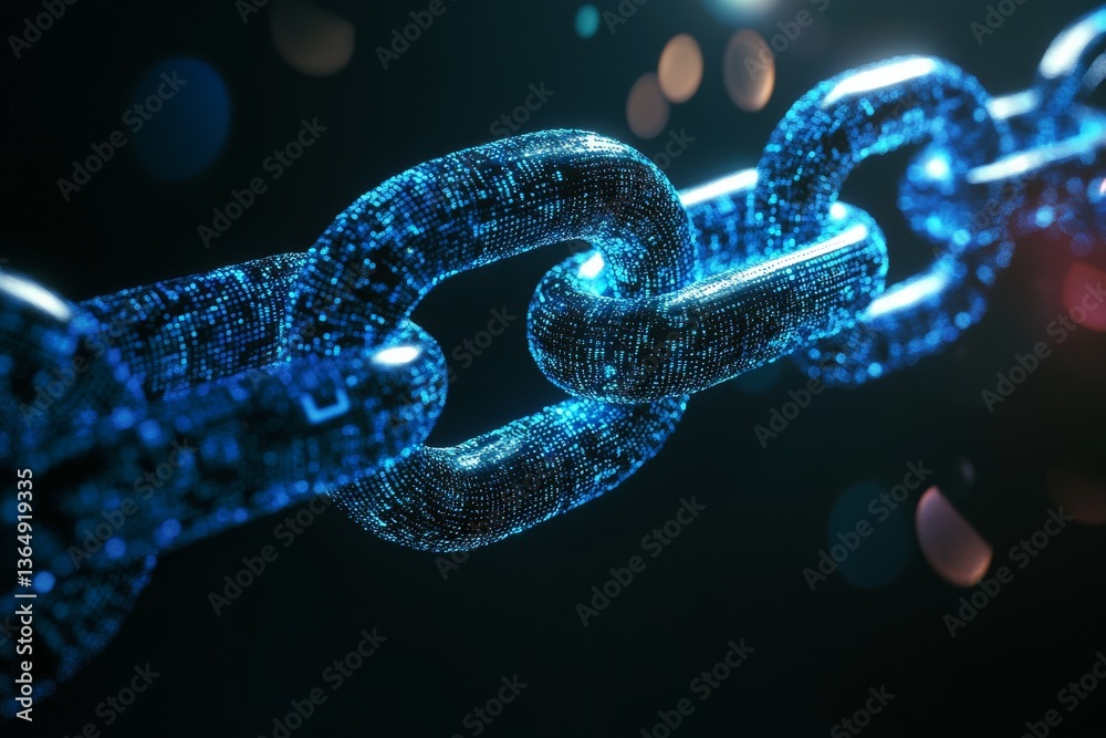 3D render of a chain from one blue, glowing hologram link on a dark background with a bokeh effect 3D render of a chain from one blue, glowing hologram link on a dark background with a bokeh effect
