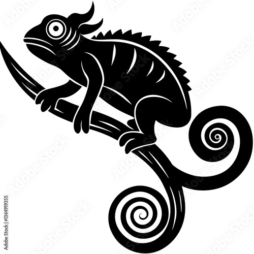 A vector silhouette of a chameleon climbing a branch,  