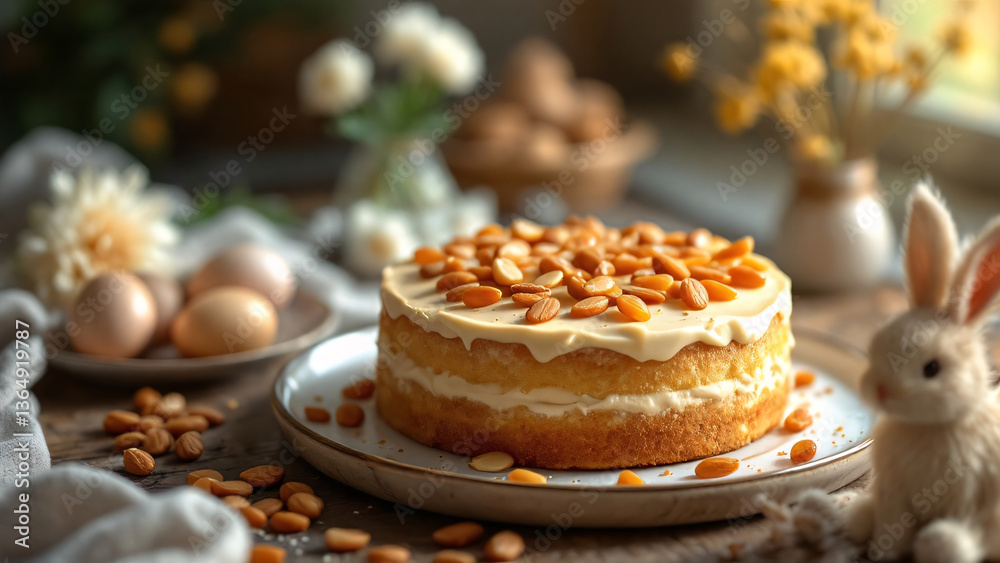 Easter cake with almonds, Whole Easter cake with almonds and decorative elements on a rustic table Easter cake with almonds, Whole Easter cake with almonds and decorative elements on a rustic table