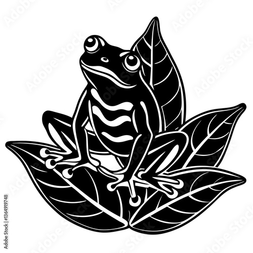 A vector silhouette of a frog sitting on a leaf, its legs tucked under its body, 