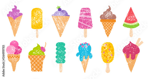 Ice cream cone vector. Crayon icon set with sundae, popsicle, chocolate, waffle, stick. Cartoon summer, cute watercolor scoop. Soft sweet pop. Chalk ice cream illustration. Shop design kid sticker set