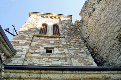 Belgrade landmarks - view of the oldest church in the city. Photographed from the bottom up, the bell tower of the Ruzica church in Kalemegdan, Serbia. Christian temple in the fortress.