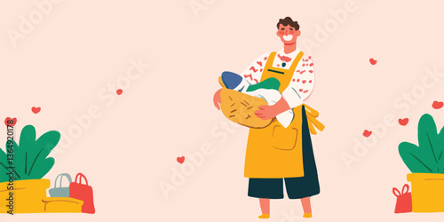 A cartoon man carrying laundry in the laundry basket.