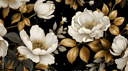 Elegant ivory and gold blossoms on a rich black backdrop, a luxurious floral arrangement radiating opulence and timeless beauty.