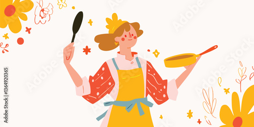 A cartoon image of a joyous chef holding kitchenware, is she ready to create a culinary masterpiece?