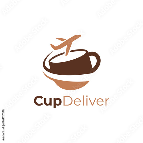 Cup coffee tea delivery logo design transport shipping with plane vector illustration template. Coffee tea beverage shipping logo. Suitable for courier, distributor, business, company, logistics.