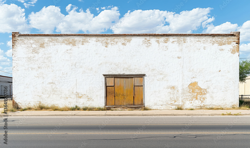 Obraz premium Abandoned white wall with wooden door, weathered texture, blue sky, clouds