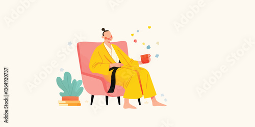 An individual dressed in a vibrant yellow robe, sits comfortably in a cozy armchair, taking a moment of leisure and relaxation with a cup of something. The image is a serene depiction of self-care.