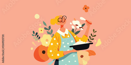A charming illustration of a woman engrossed in the art of culinary delights, delicately holding a pan while floral elements cascade in a vibrant, artistic display.