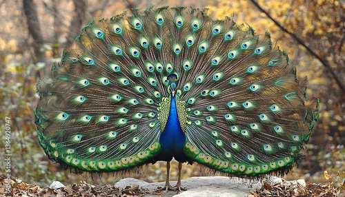 A Majestic Peacock Displays Its Stunning Plume in Full Bloom