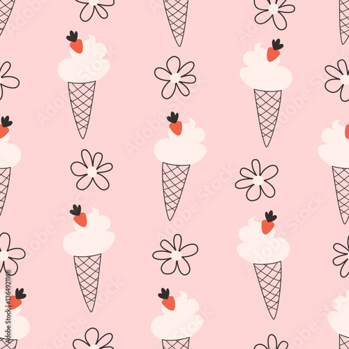 cute hand drawn ice cream and strawberries seamless vector pattern illustration on pink background