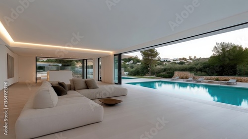 Open-plan living area with expansive views of a pool and garden