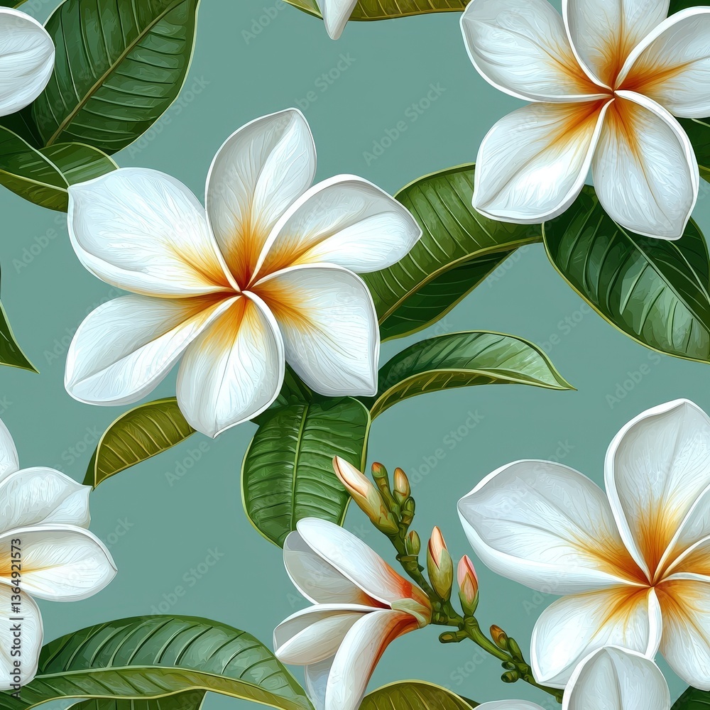 Plumeria flower plant flora bloom botany seamless pattern ornament design, tile