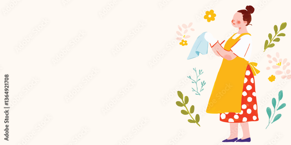 An animated illustration of a woman in an apron. The image captures the woman in a sunny kitchen setting amidst floral elements. An animated illustration of a woman in an apron. The image captures the woman in a sunny kitchen setting amidst floral elements.
