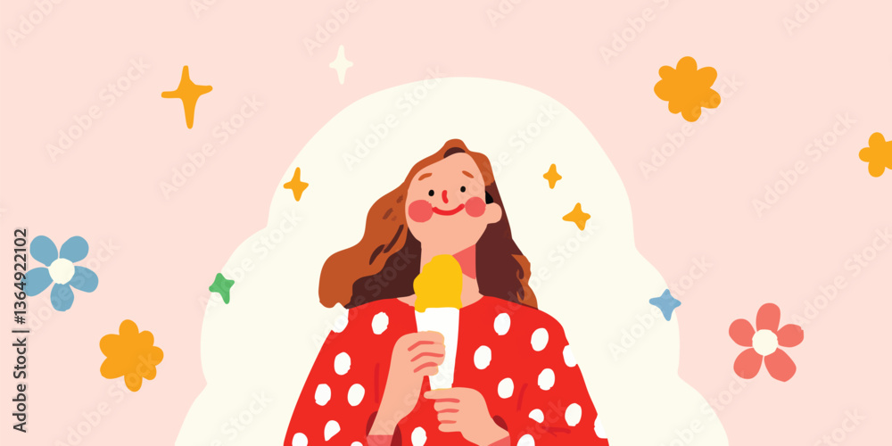 A delightful cartoon woman with a captivating presence, savoring a luscious ice cream cone amidst an enchanting array of floating stars and flowers. Capturing a moment of pure joy and sweetness. A delightful cartoon woman with a captivating presence, savoring a luscious ice cream cone amidst an enchanting array of floating stars and flowers. Capturing a moment of pure joy and sweetness.