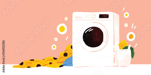 A minimalistic illustration depicts a washing machine with fresh laundry. capturing the essence of home chores and routine tasks. 