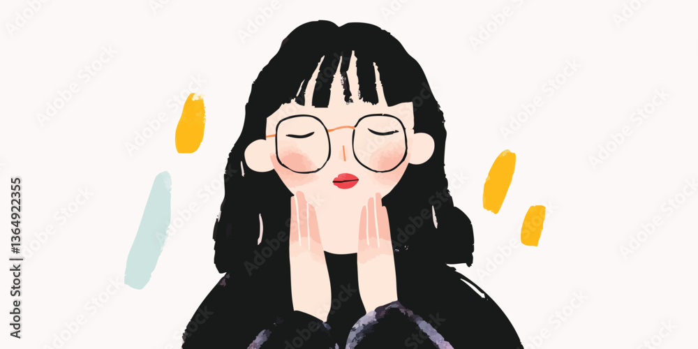 A charming illustration of a person with eyeglasses and a black haircut with a gentle expression, exuding an approachable aura and conveying a sense of relaxation. A charming illustration of a person with eyeglasses and a black haircut with a gentle expression, exuding an approachable aura and conveying a sense of relaxation.