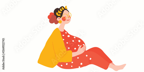 A pregnant woman in red polka-dot dress, radiating serene happiness, tenderly cradles her baby bump, surrounded by a warm glow. A tribute to motherhood and the miracle of life.