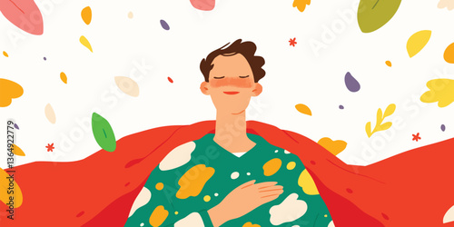 A smiling person is basking in nature with a red cloak around them. Capturing the feeling of freedom and joy.