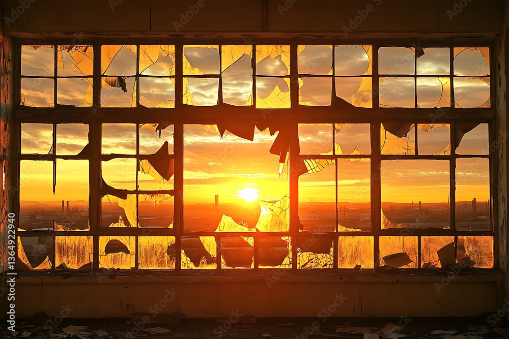 Obraz premium Broken window sunset industrial landscape