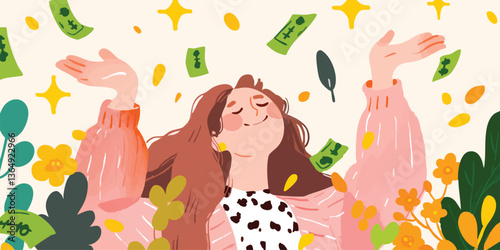 A woman embraces wealth, showering in a delightful storm of banknotes and sparkling stars, surrounded by blossoming flora and vibrant, abstract motifs.