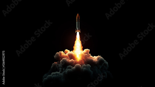 Missile effect, rocket launch fire trail with black smoke, spacecraft startup, space jet vertical flame. Realistic 3d vector airplane take off, ballistic burst track isolated on transparent background