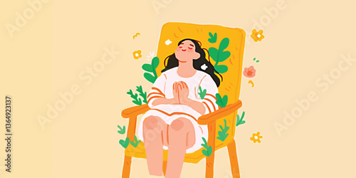 A serene illustration depicts a woman in a peaceful state, reclining on a chair amidst a backdrop of floral elements. The artwork evokes tranquility and relaxation.