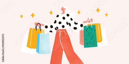 A stylish individual, delighted, holds a multitude of vibrant shopping bags, radiating pure shopping joy and fashion enthusiasm in an illustration.