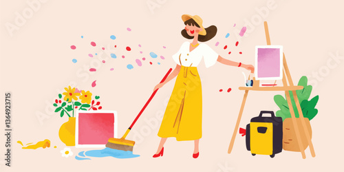 A creative woman in a sunny room sweeps confetti, suggesting tidiness. A depiction of a room with an easel, flowers, and luggage implies an artistic or vacationing lifestyle.