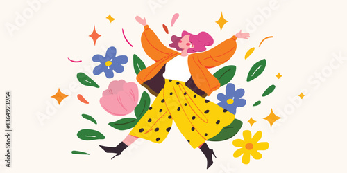 A woman joyfully leaps amidst a flurry of colorful floral and abstract elements, celebrating the vibrant beauty of life.