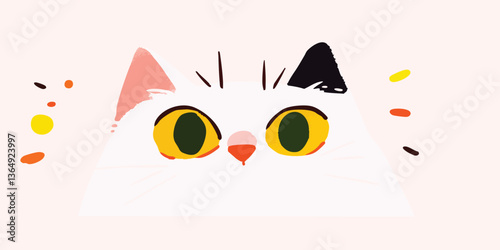 A playful, animated cat portrait, this illustration presents a charming feline with bright yellow eyes, and uniquely colored ears, captivating viewers with its vibrant essence and gentle design.