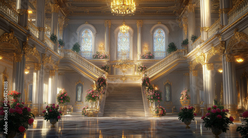 Luxury ballroom interior with marble columns, rose decorations and staircase. Royal palace hall with ornate golden pedestals, floral vases and stained glass window. Grand classical kingdom corridor.