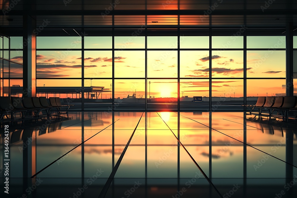Fototapeta premium Airport terminal at sunset, empty waiting area, reflection on floor. Possible use Stock photo for travel brochures