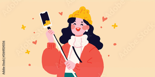 A joyful woman captures a memory, her vibrant smile and warm attire radiates a sense of cozy adventure, creating a picture of self-expression.
