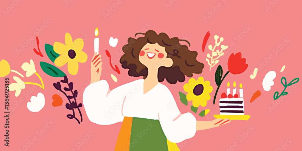 A festive illustration of a woman celebrating with a cake and candle, surrounded by flowers, celebrating a special moment with warmth and cheer. A festive illustration of a woman celebrating with a cake and candle, surrounded by flowers, celebrating a special moment with warmth and cheer.