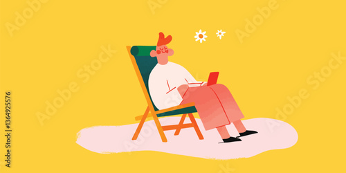 A person in leisure and relaxation using laptop and sunbathing on yellow background.