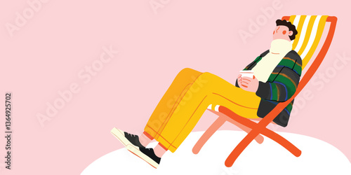 A relaxed individual finds solace, sipping from a mug while reclining in a deckchair. This illustration exudes a feeling of calm and leisure.