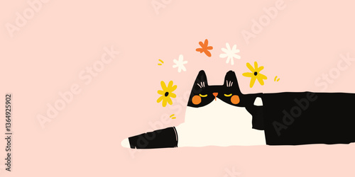A stylized illustration portrays a serene cat basking in a field of blooms. The cat, with its composed demeanor, provides a sense of tranquility, conveying a sense of enjoyment and harmony.