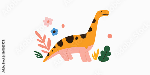 A whimsical illustration of a friendly dinosaur, surrounded by vibrant flowers and foliage, evokes a sense of childlike wonder and the ancient world.