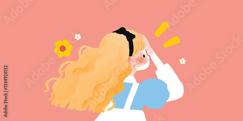 A portrait of a girl in a cartoon style, she wears a dress with long wavy hair, flowers float around her. She is looking at something, with one hand touching her forehead.