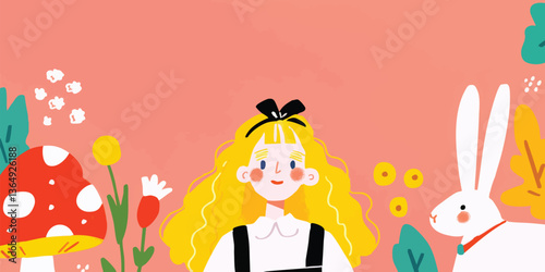 A whimsical illustration brings to life a beloved tale, featuring a curious girl exploring a fantastical world filled with playful elements.