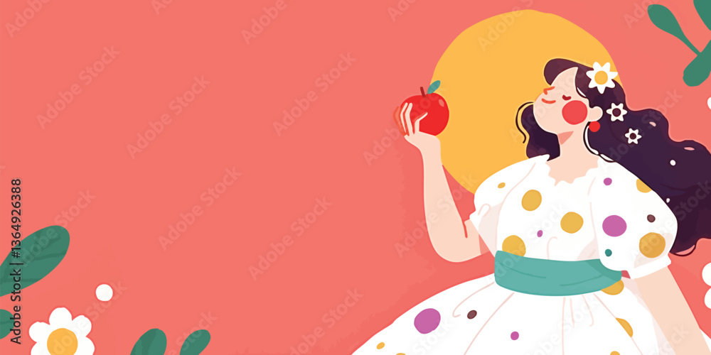 Fototapeta premium A whimsical illustration of a lady holding an apple, set against a soft coral backdrop, evoking feelings of purity and springtime delight.