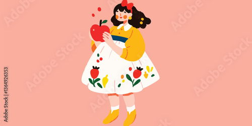 A whimsical illustrated girl is holding a bright red apple, surrounded by falling red elements on a soft background. It is a playful portrayal of an innocent character.