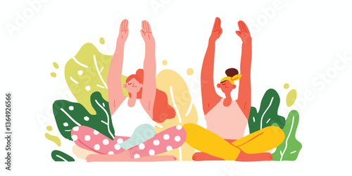Two women practice yoga tog...