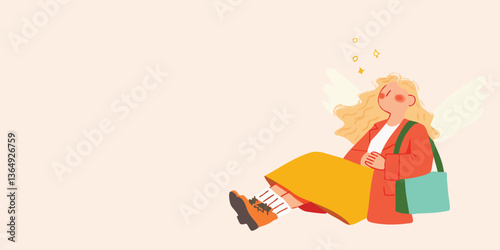 An angel woman is dreaming,...