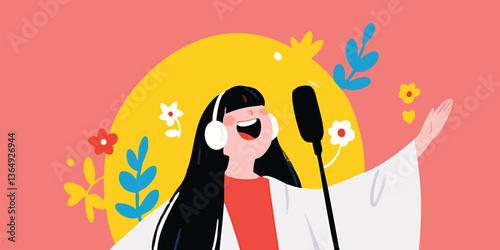 A vibrant cartoon-style illustration depicts a young woman enthusiastically singing into a microphone, with her voice filling the air, radiating passion and creativity.