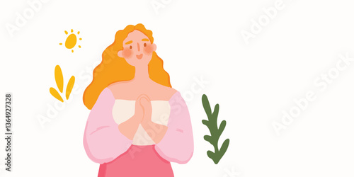 A warm and joyful illustration of a woman, radiating positivity and serenity with soft hues and organic shapes. The vibrant yellow hair contrasts harmoniously with the gentle pinks.